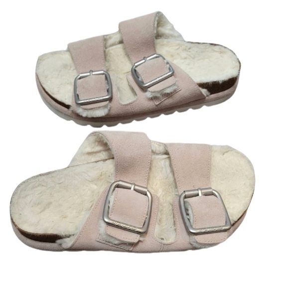 J/Slides Faux Fur Shearling Lined Suede Pink Open Toe Slides Sandals Sz 7.5 - Picture 2 of 12